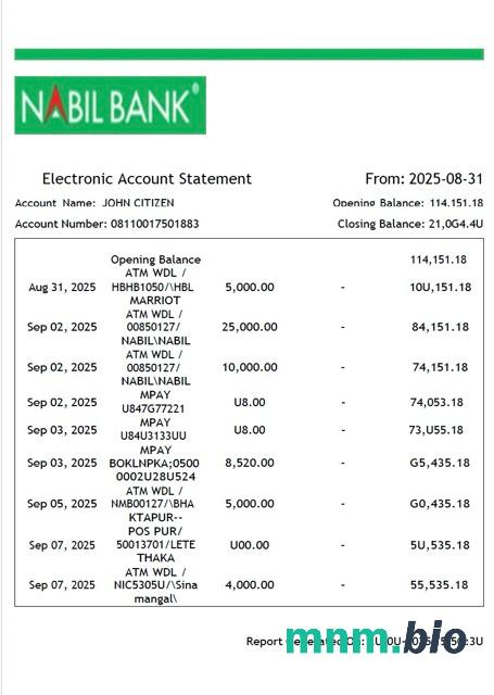 Nepal SBI Bank elektroniczny wyciąg z konta Word i szablon PDF, 2 strony